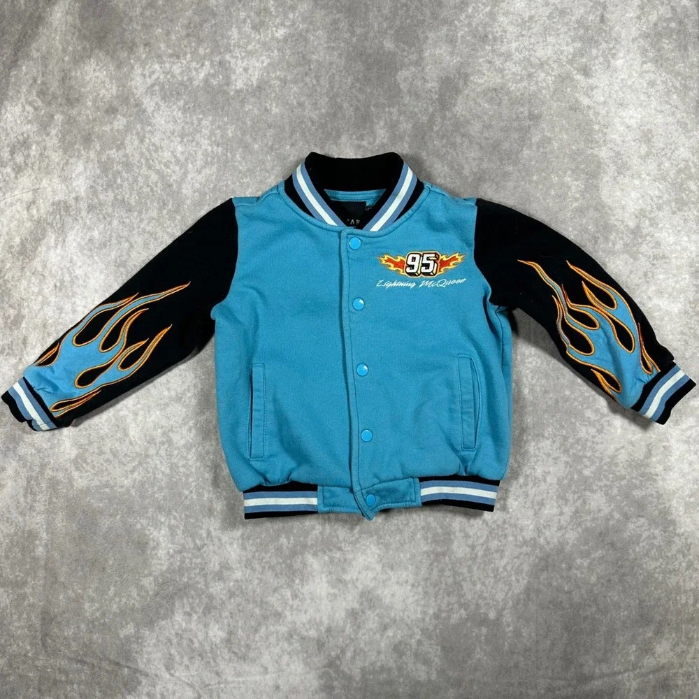 Y2K Disney Pixar Cars Lightning McQueen Varsity Jacket Blue Flame Sleeves 3T
